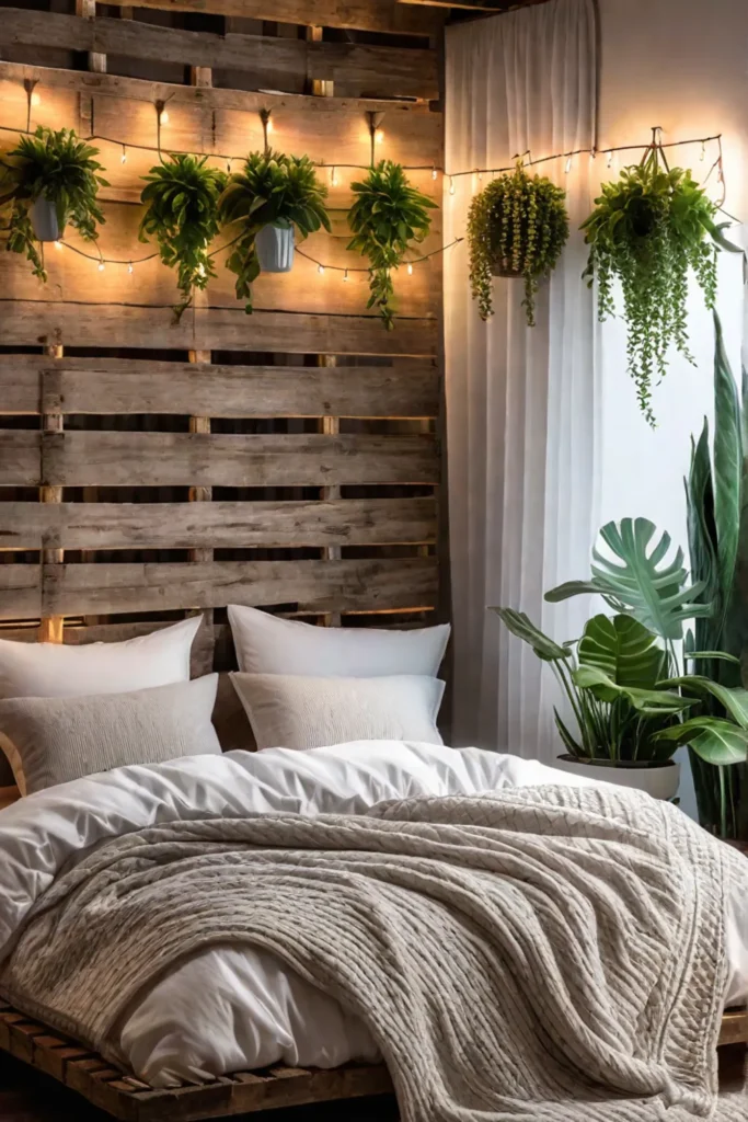 Pallet headboard with fairy lights and hanging plants