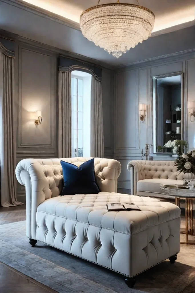 Parisianstyle living room with a chaise lounge bed mirrored storage cabinet and
