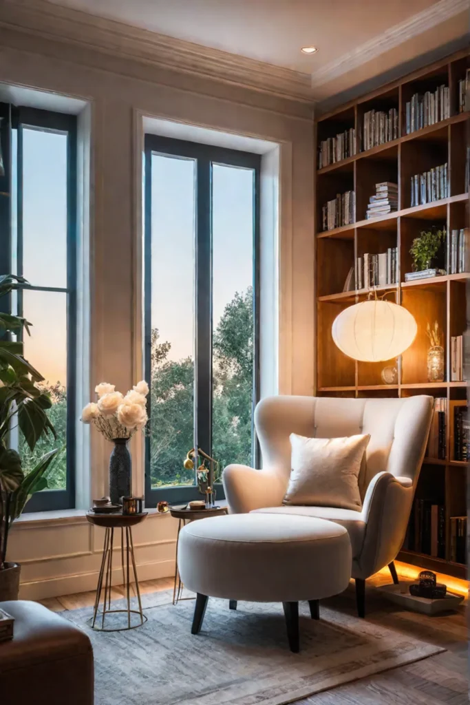 Private reading space with armchair bookshelf and soft lighting
