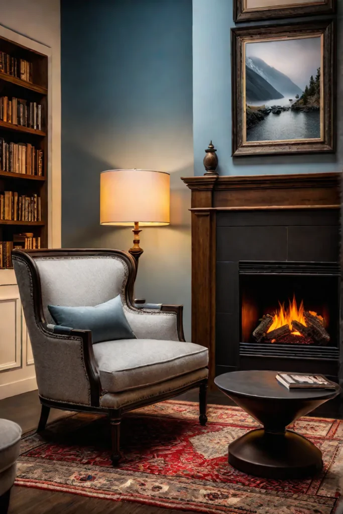 Reading nook with fireplace and cozy armchair