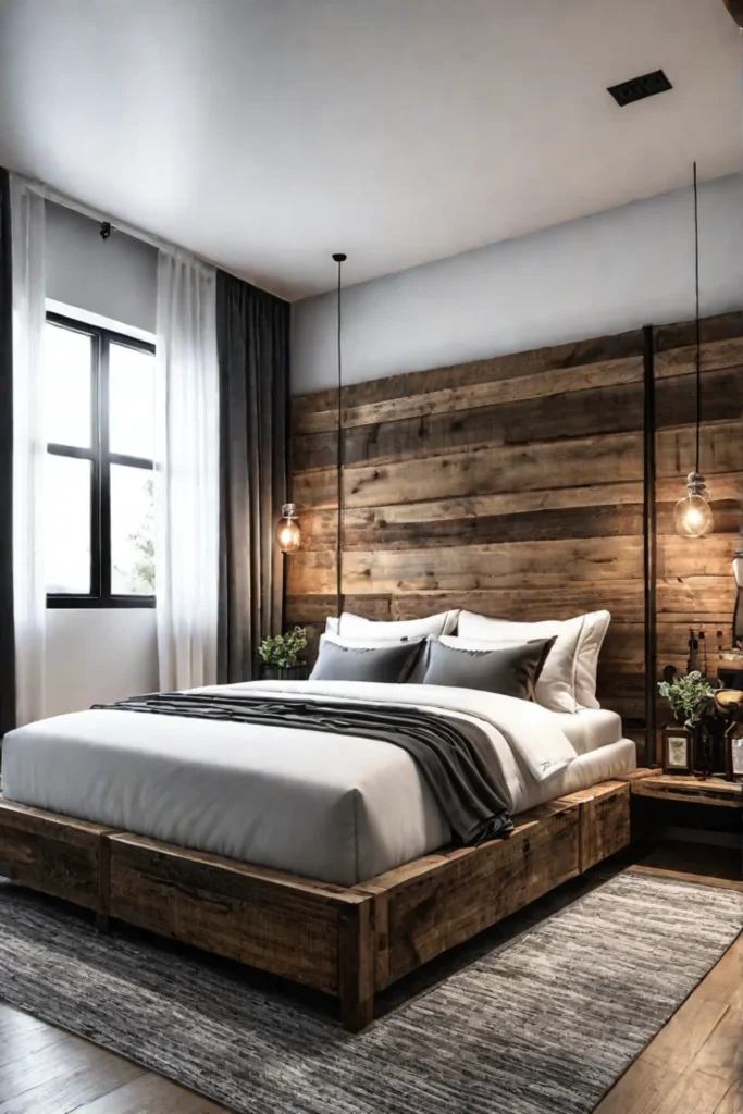 Reclaimed barn wood headboard in sophisticated bedroom