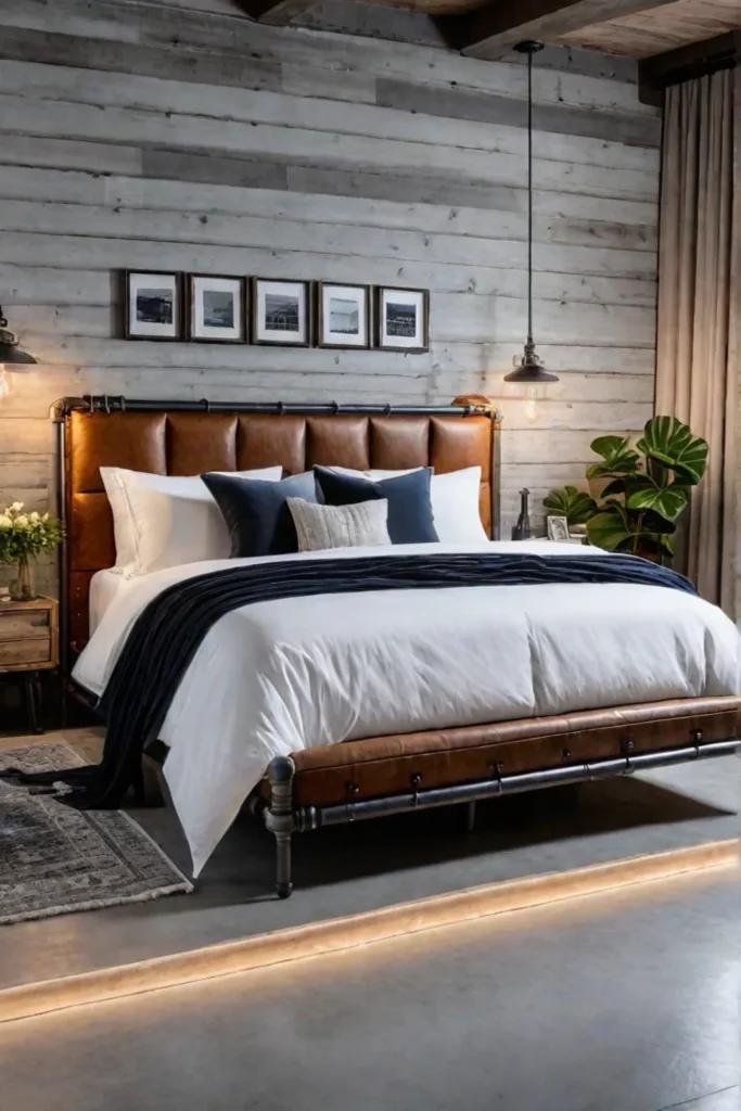 Reclaimed wood and metal pipe headboard in an industrialstyle bedroom