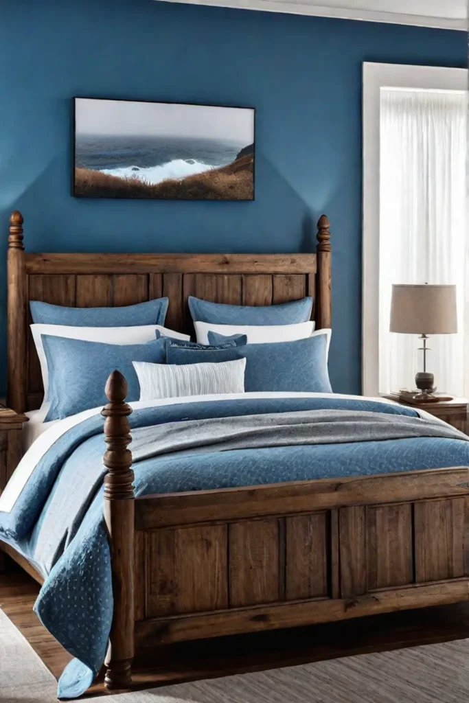 Relaxing bedroom with tranquil blue walls and a cozy wooden bed