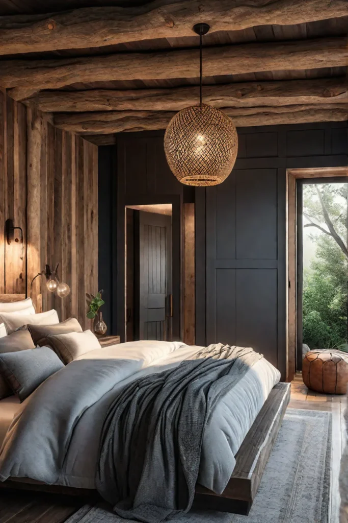 Roughhewn log sliding barn door in a rustic bedroom