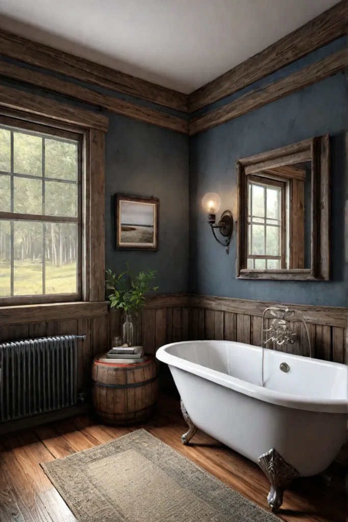 Rustic and charming small bathroom with clawfoot tub and reclaimed wood vanity