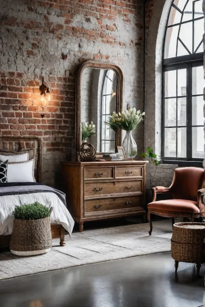 Rustic bedroom escape with vintage decor and exposed brick