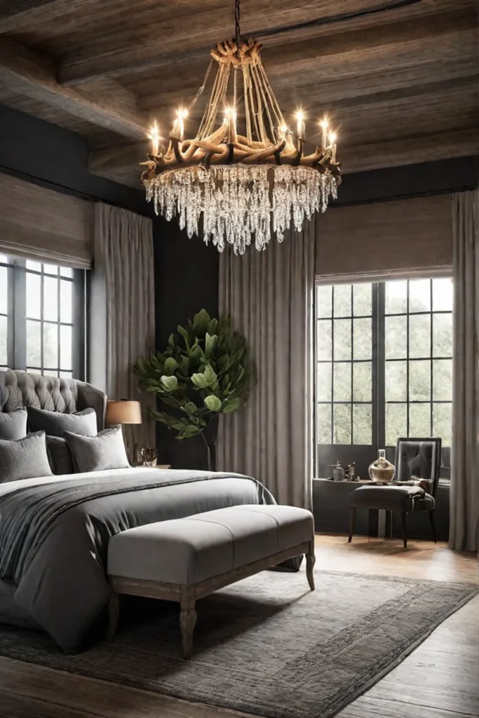 Rustic bedroom with antler chandelier