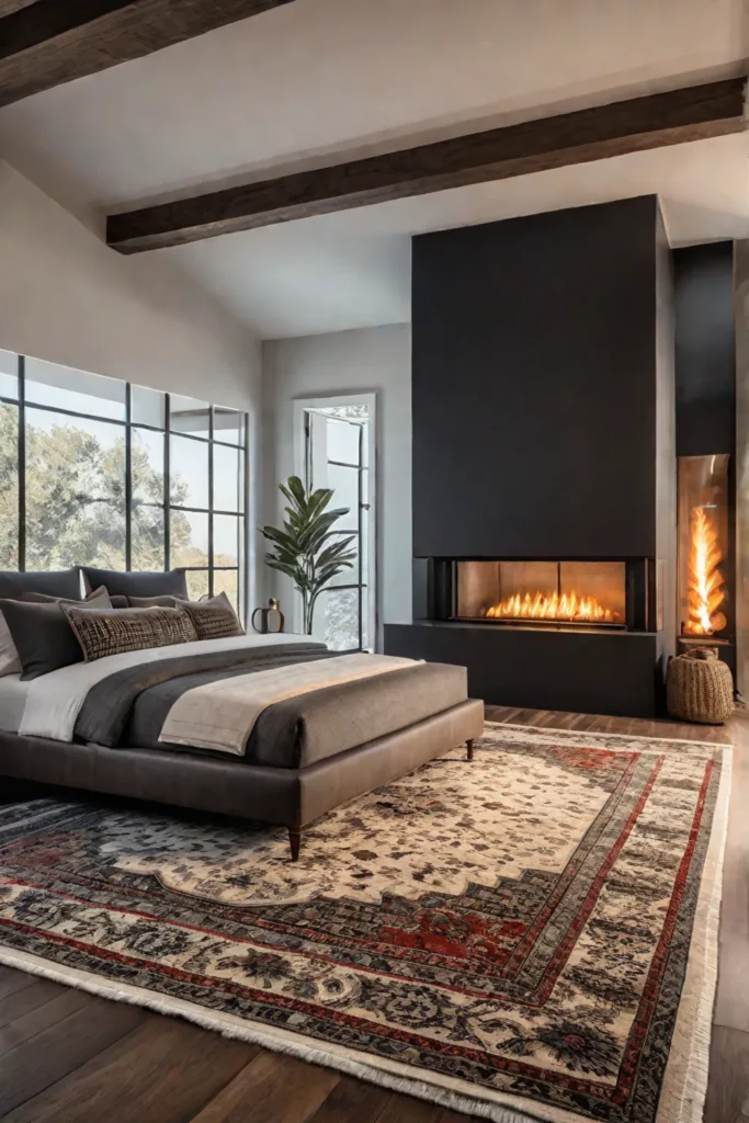 Rustic bedroom with area rug and fireplace