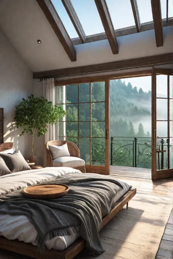 Rustic bedroom with balcony and forest view