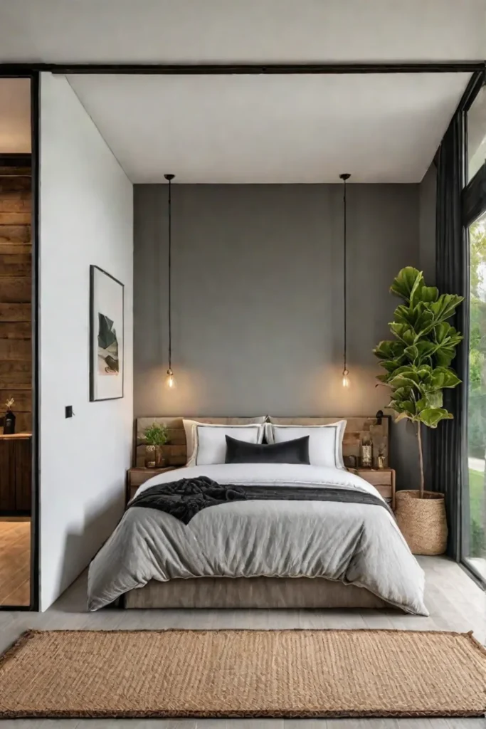 Rustic bedroom with balcony and garden view
