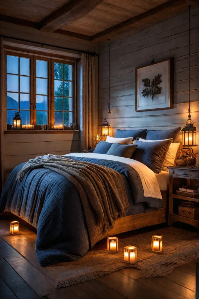 Rustic bedroom with candlelight and cozy bedding