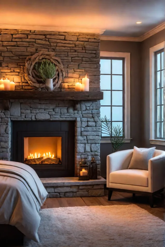 Rustic bedroom with fireplace mantel and candles