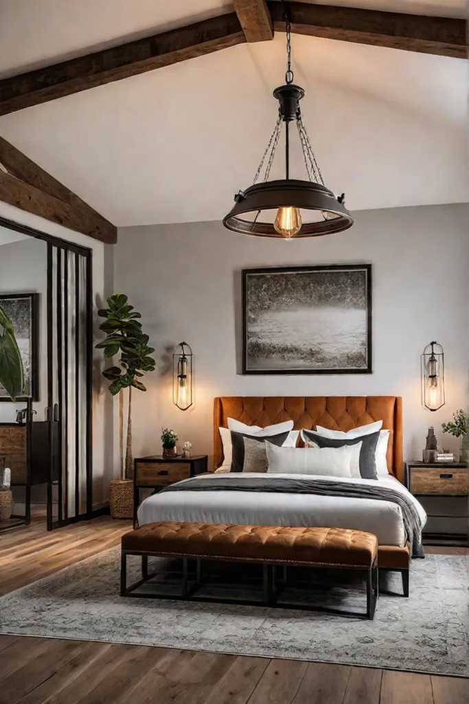 Rustic bedroom with high ceiling exposed beams and metal pendant light