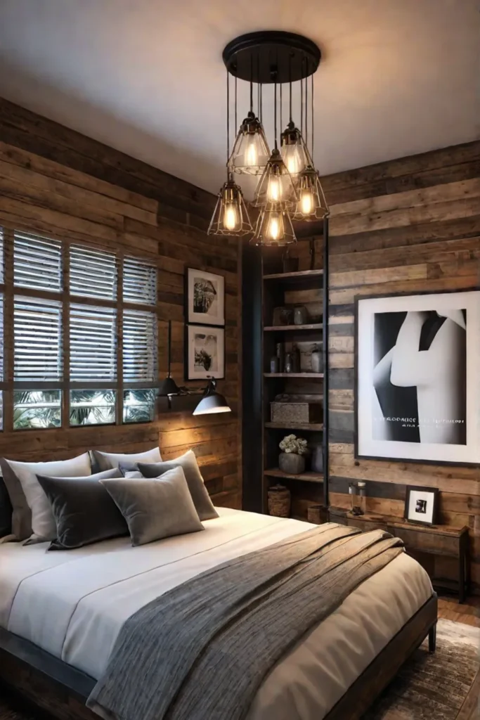 Rustic bedroom with industrial pendant lights and Edison bulbs