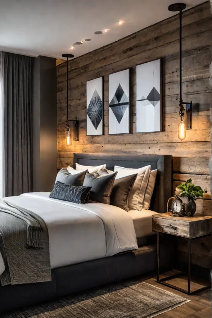 Rustic bedroom with industrial wall sconces and mixed textures