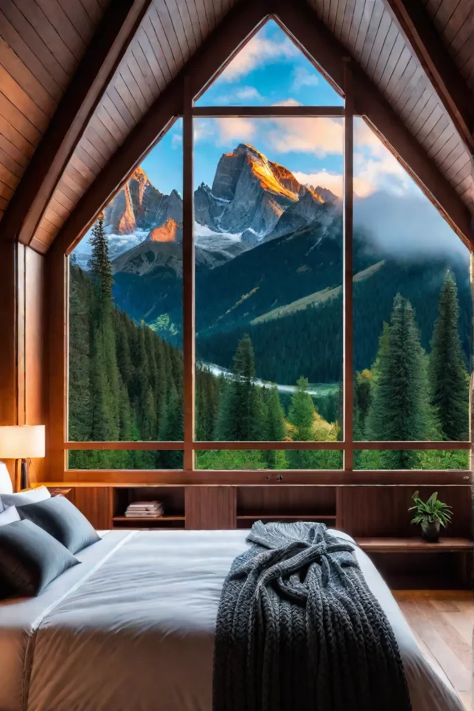 Rustic bedroom with mountain view
