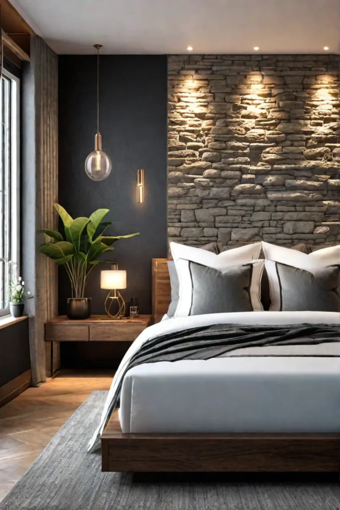 Rustic bedroom with stone accent wall