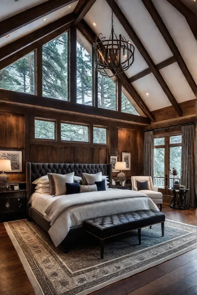 Rustic bedroom with vaulted ceiling and stone fireplace