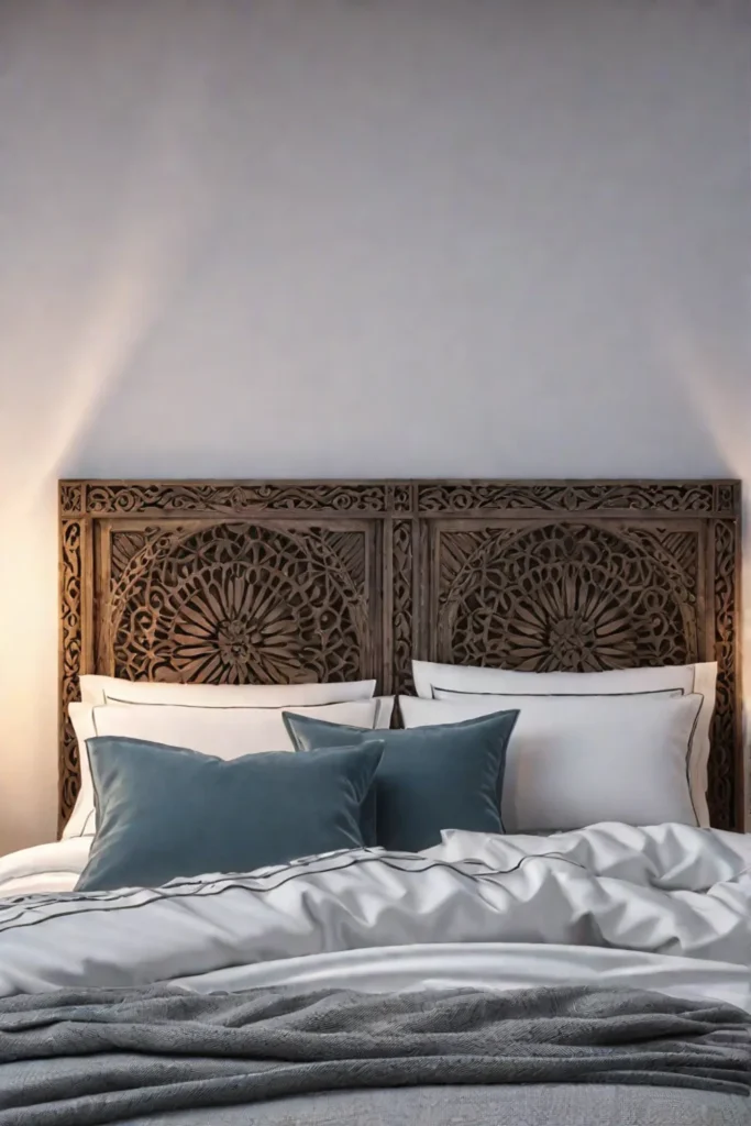 Rustic wooden headboard with intricate carvings