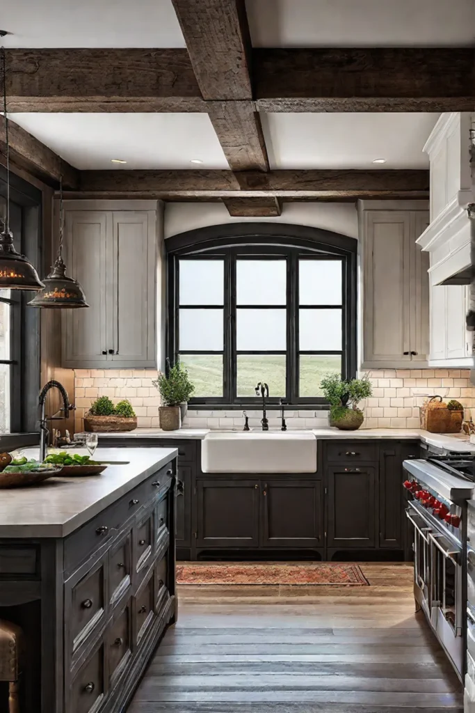 Rustic farmhouse kitchen with distressed cabinets and a farmhouse sink