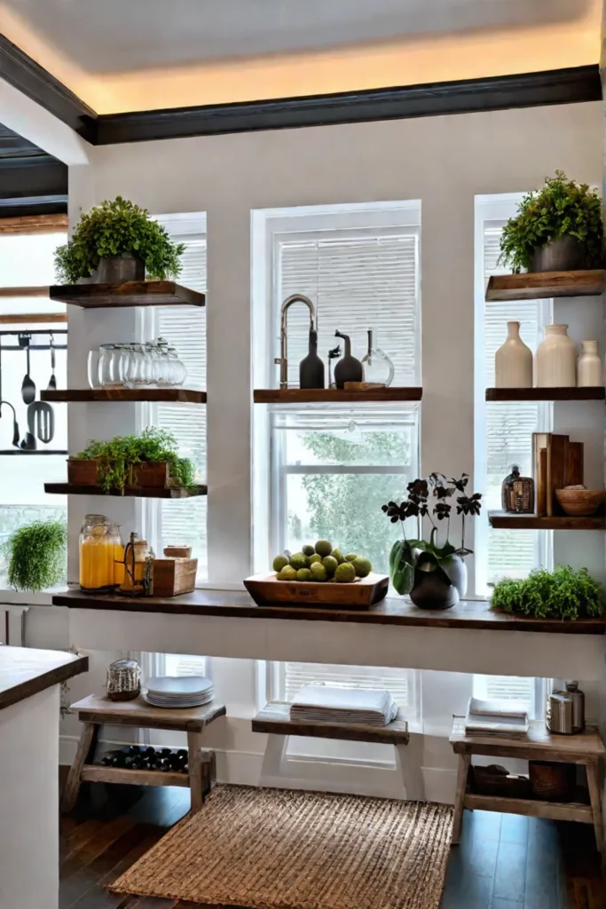 Rustic kitchen design with open shelves displaying cookbooks and spices