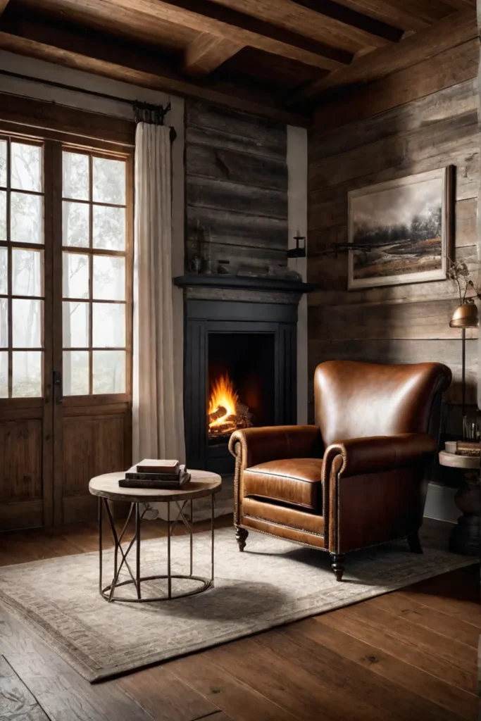 Rustic reading nook with leather armchair
