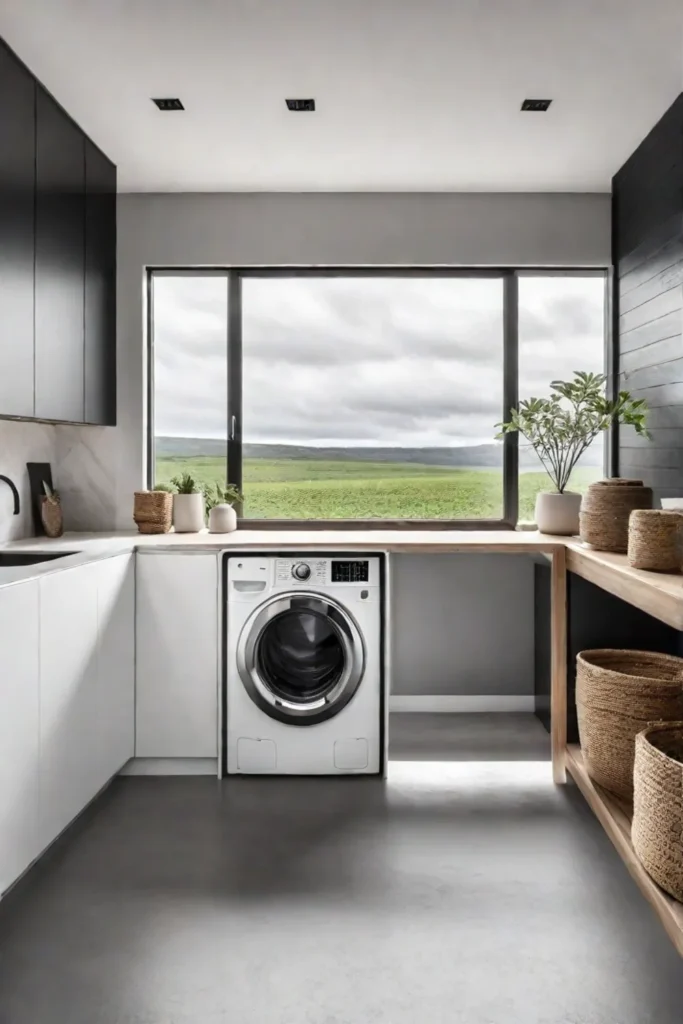 Scandinavian laundry room with light wood and natural light