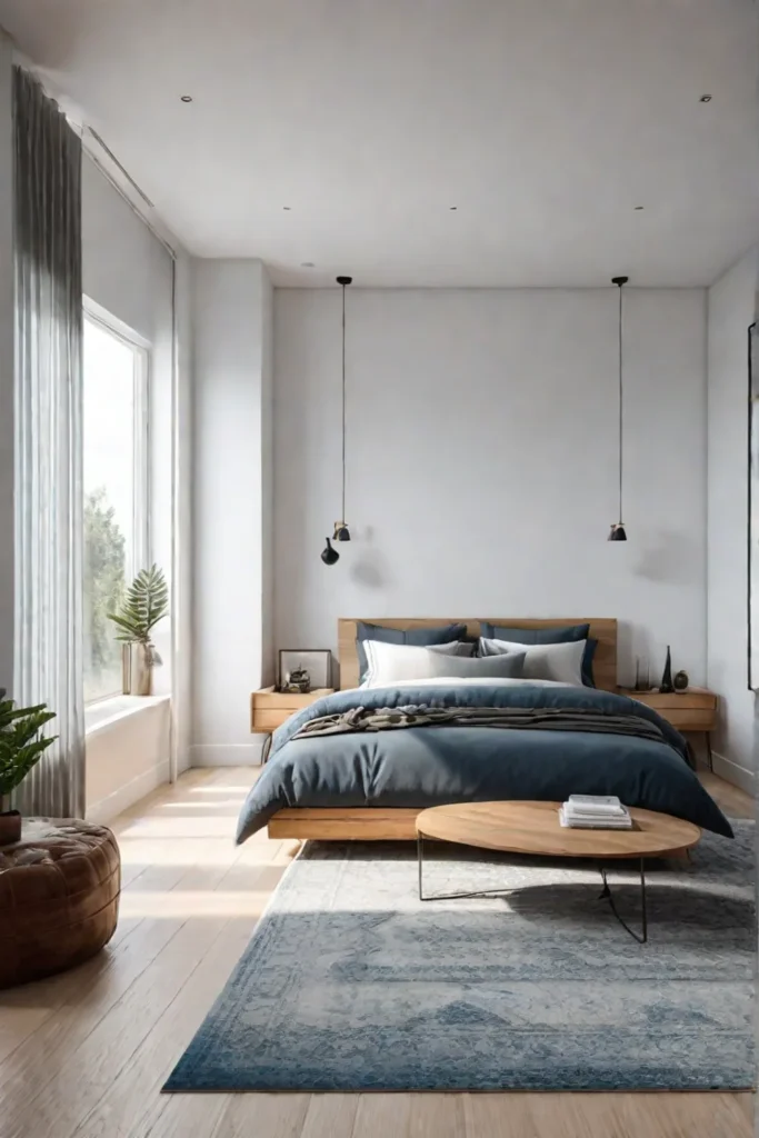 Scandinavianinspired modern bedroom with white walls and light wood furniture