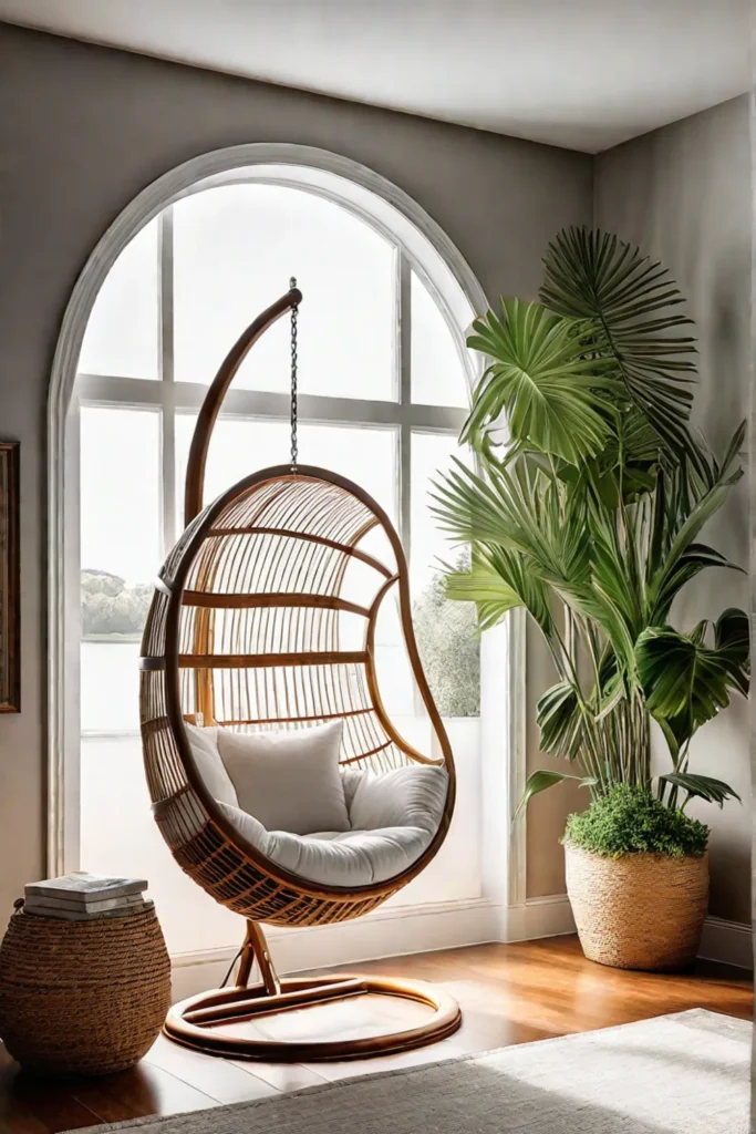 Serene reading nook with hanging egg chair and natural light