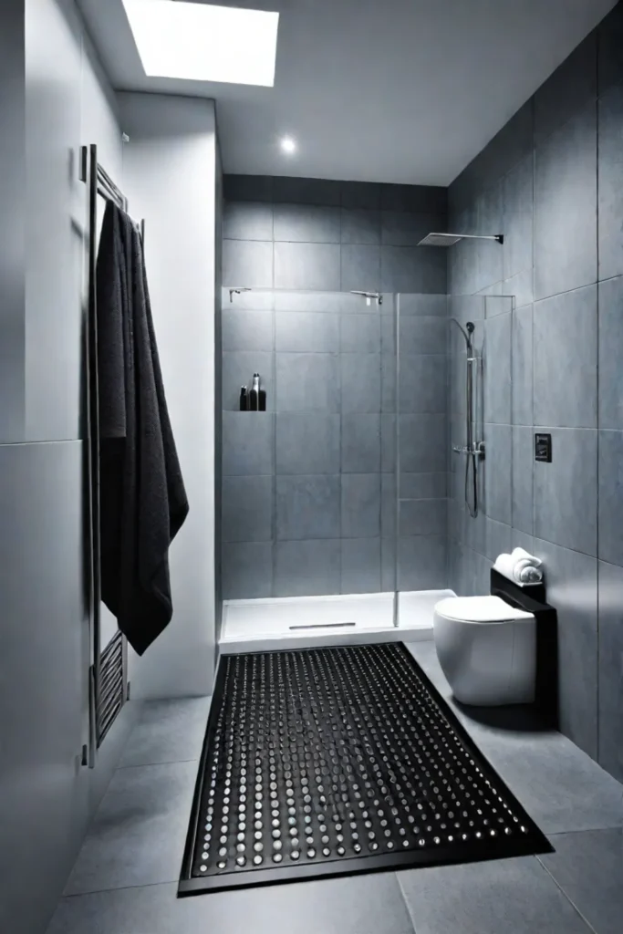 Shower area with nonslip floor mat and grab bar towel rack