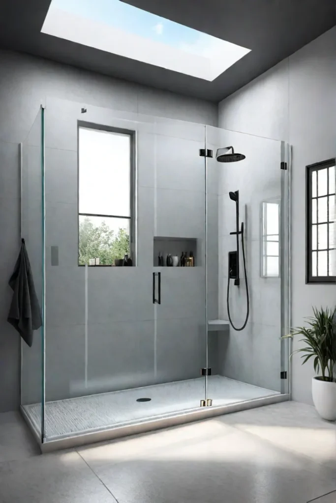 Shower with frameless glass enclosure and open view