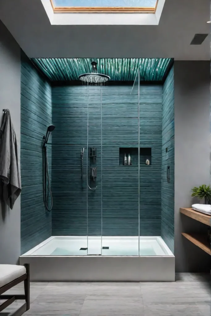 Shower with river rock flooring and waterfall showerhead