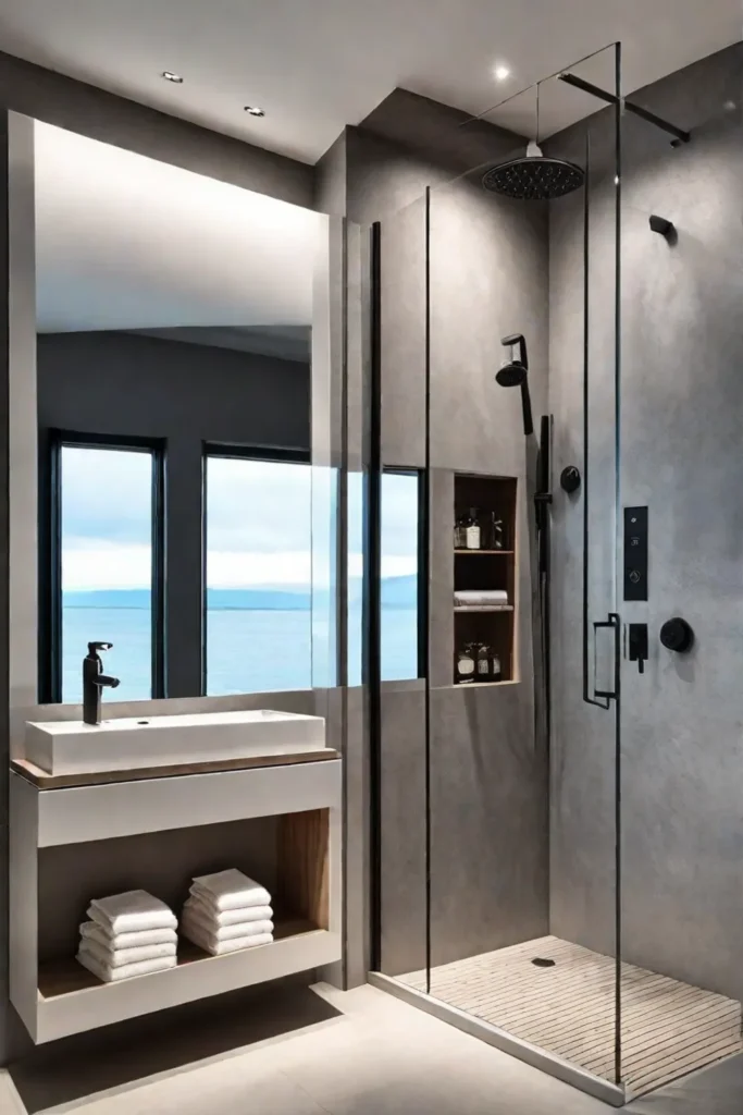 Shower with shaving mirror and storage niche for functionality