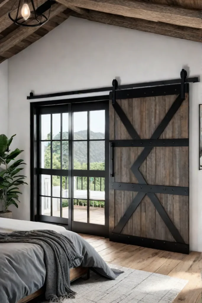 Sliding barn door made from weathered barn wood in a rustic bedroom