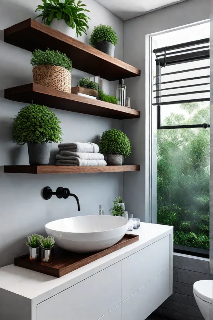 Small bathroom with DIY floating shelves
