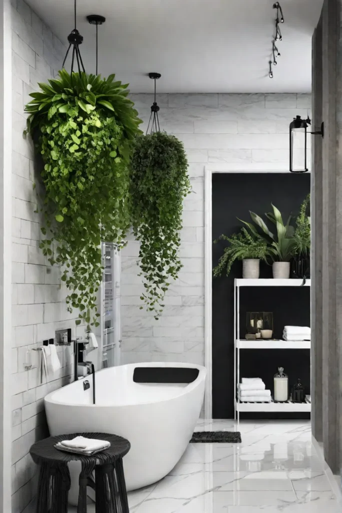 Small bathroom with DIY hanging plant shelf