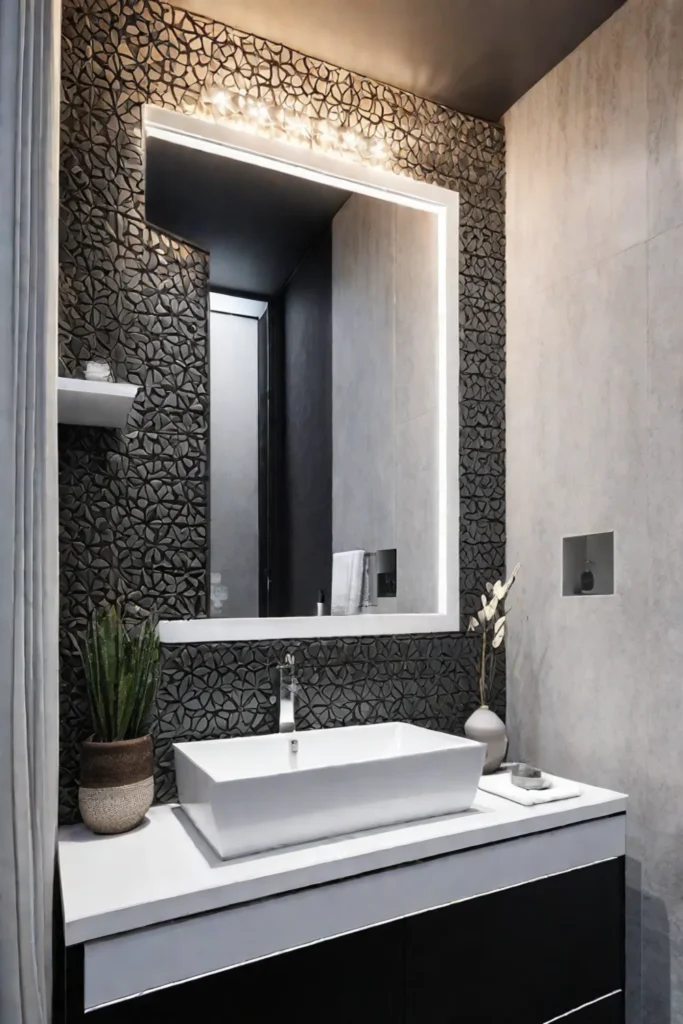 Small bathroom with DIY mosaic tile backsplash