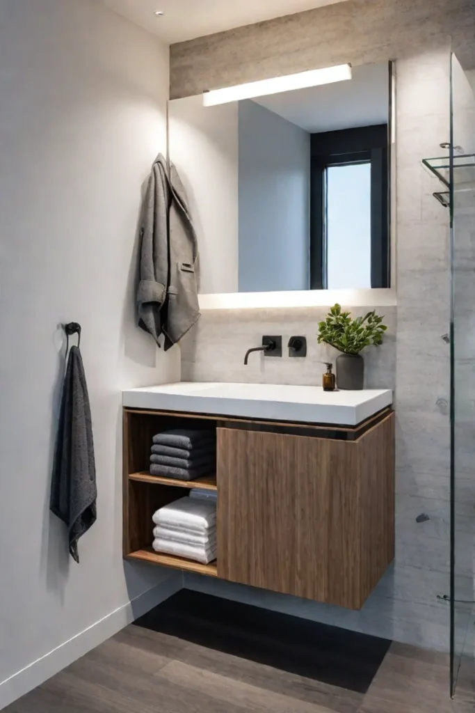 Small bathroom with a combination of open and closed storage
