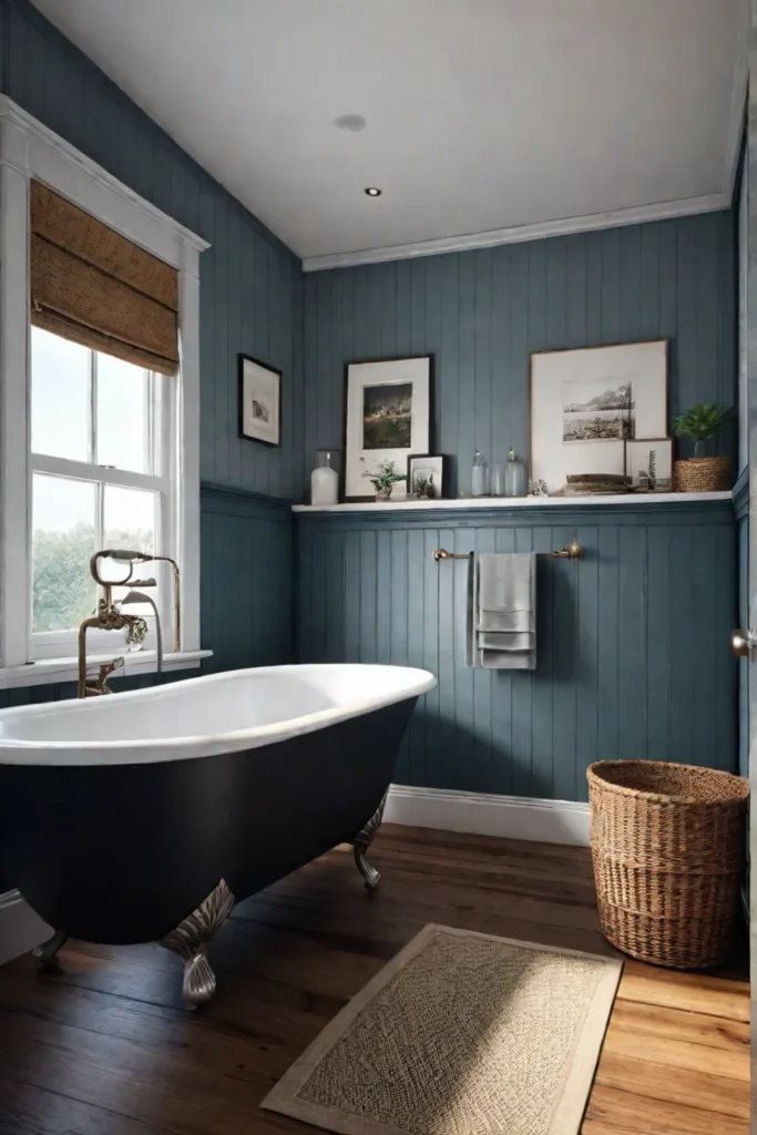 Small bathroom with clawfoot tub and wicker storage