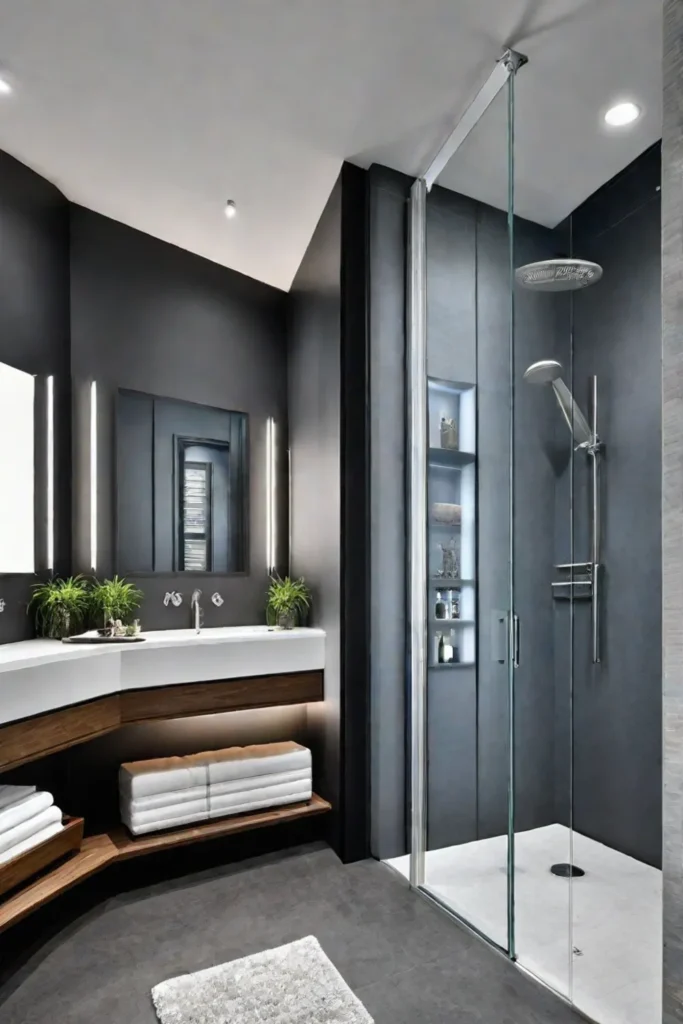Small bathroom with corner shower and sliding glass doors