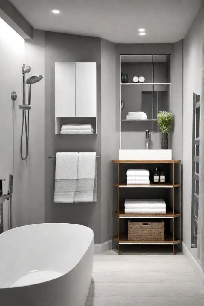 Small bathroom with corner storage solutions