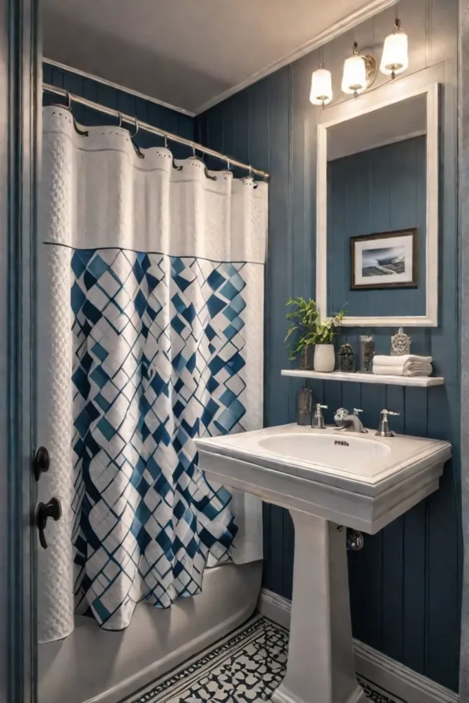 Small bathroom with decorative elements and costsaving strategies