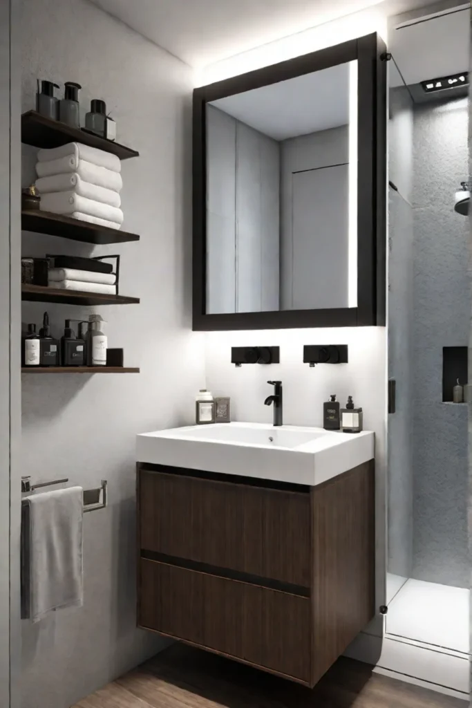 Small bathroom with efficient door and drawer storage