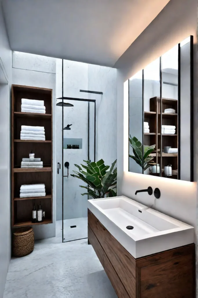 Small bathroom with floating sink and open shelving