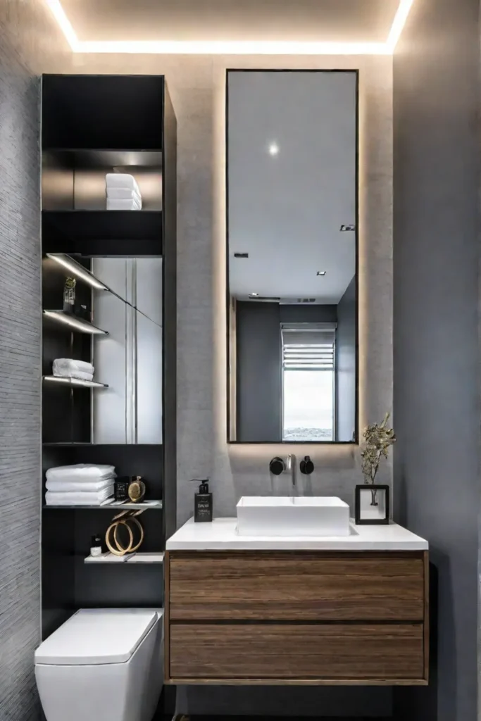 Small bathroom with hanging storage and floating vanity