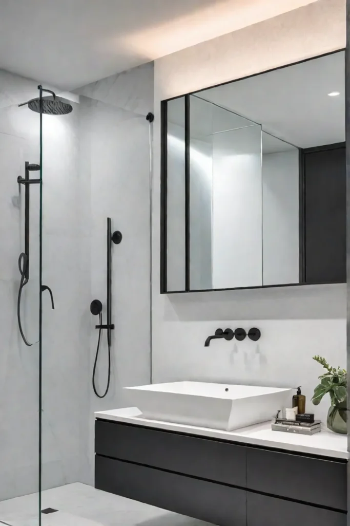 Small bathroom with large mirror and floating vanity