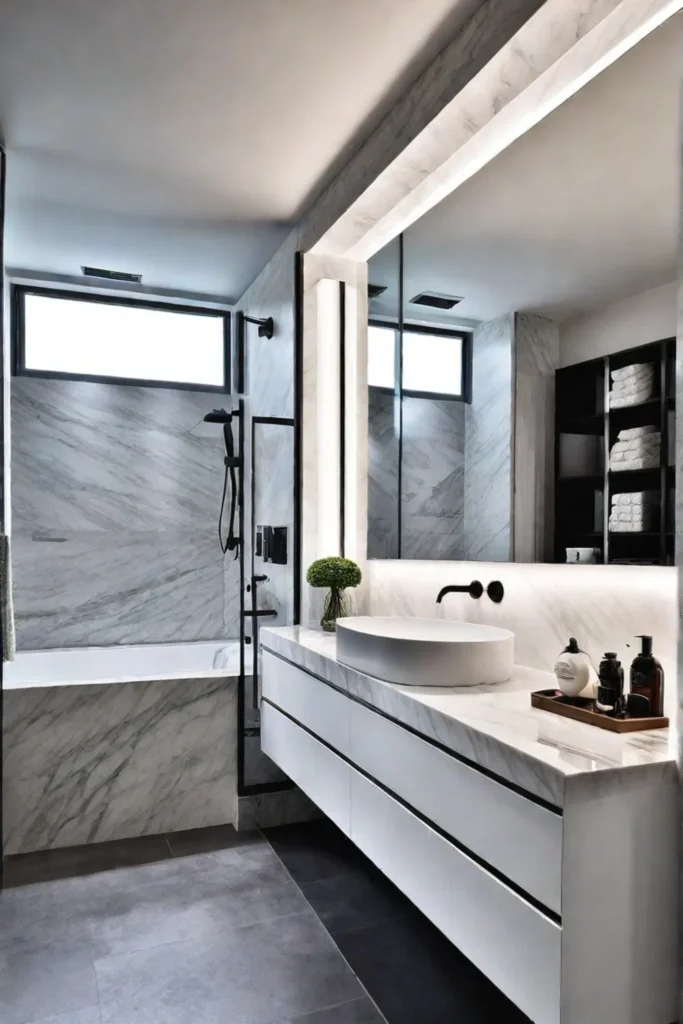 Small bathroom with luxurious finishes and ample storage