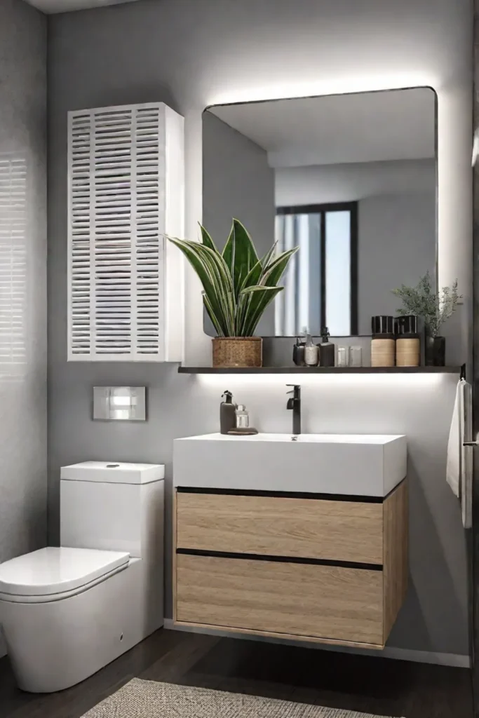 Small bathroom with pedestal sink and slim storage cabinet