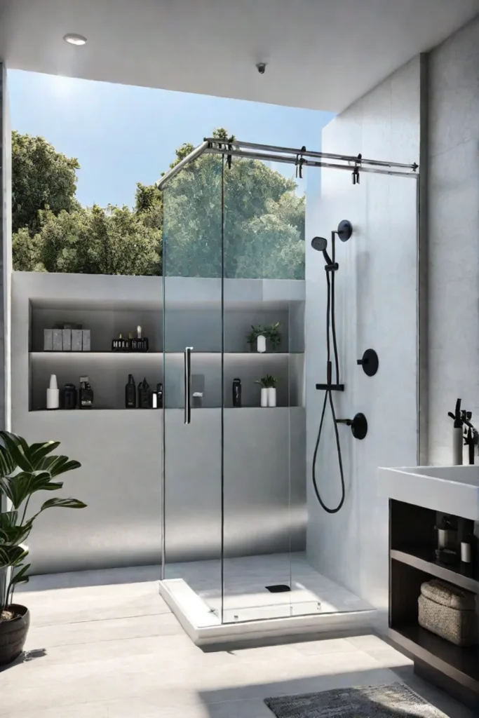 Small bathroom with showertub combination and sliding glass doors