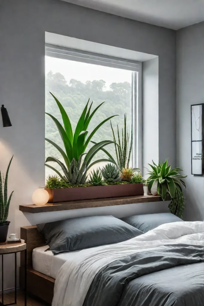 Small bedroom with windowsill plants